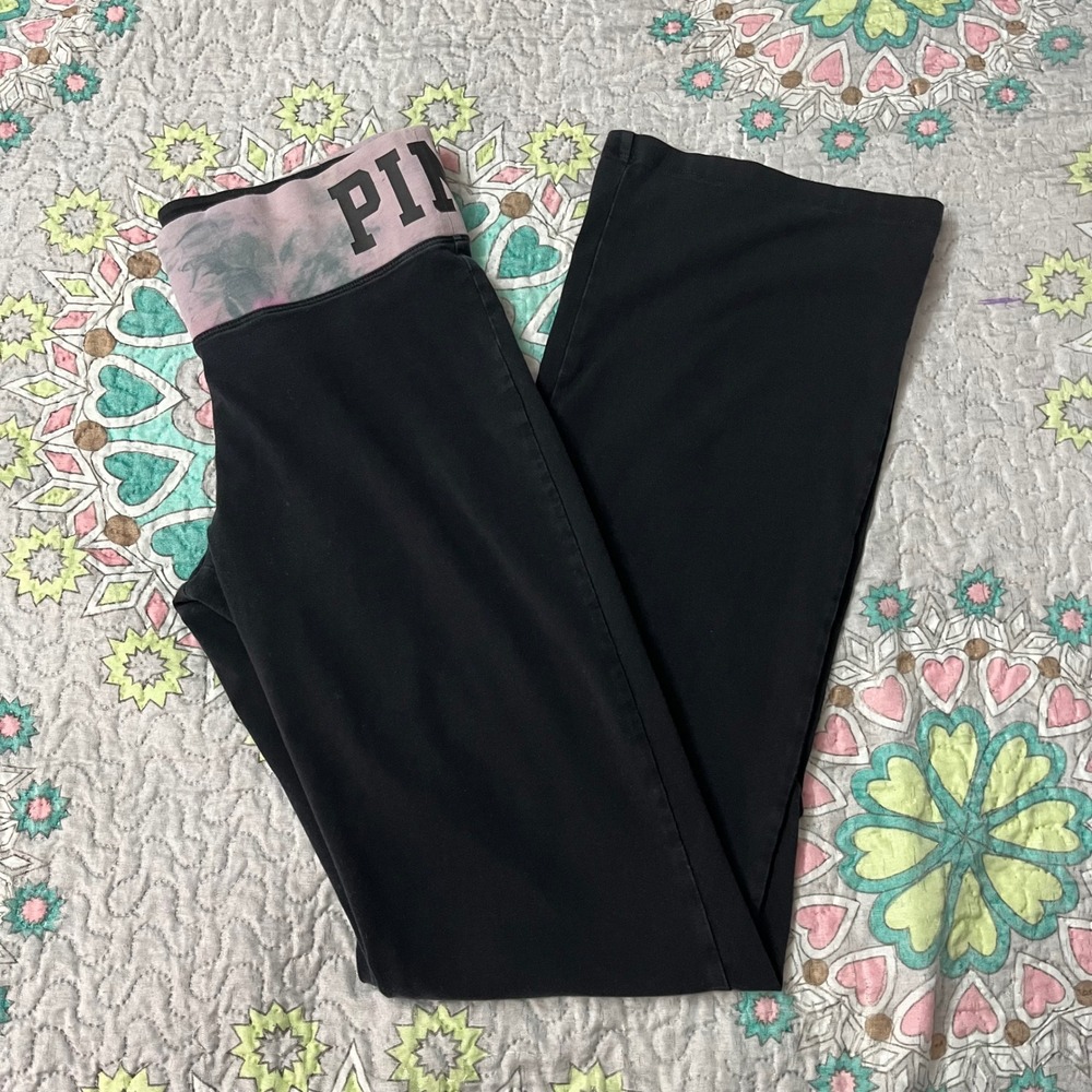Y2K Pink Victoria's Secret Yoga Pants Black Tie Dye Waistband Flare Medium